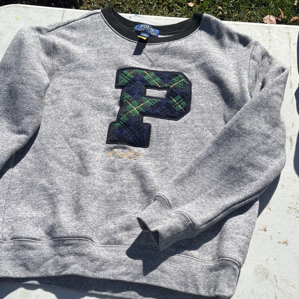 Boys Polo by Ralph Lauren Gray Crewneck Sweater with Plaid 'P'